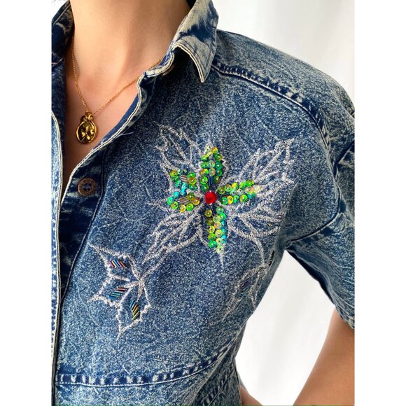 80s vintage blue denim acid wash embellished floral print retro midi jean dress - Picture 7 of 9